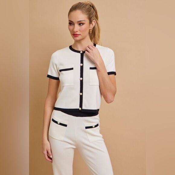 Cardigan & Pant Set, Black and White with Gold Buttons - Picture 1 of 4